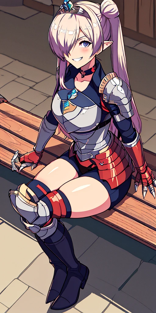 Shez, hair over one eye, choker, full body sitting on a bench showing ass to me, BLUE breastplate looking at viewer, shiny, armor, thigh highs, high boots, pauldrons shoulder armor, faulds, poleyn, gloves, gauntlets, rerebrace armored boots, (masterpiece, best quality, ultra-detailed, best shadow) yordle pointy ears muscular lean platinum blonde long twin-tails hairstyle at the office lustful smirking smile face red blushed, blush, strong abs, female body builder, tiara, twin drills hair
