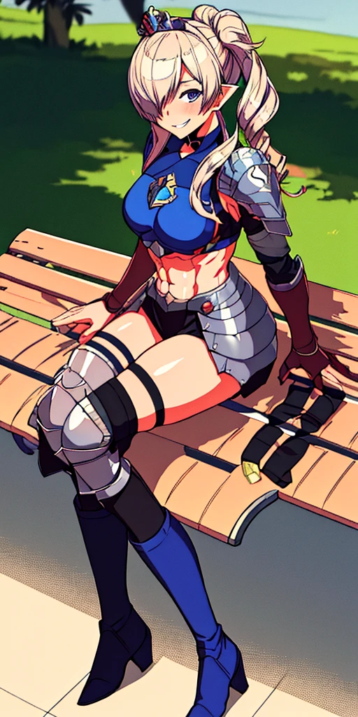Shez, hair over one eye, choker, full body sitting on a bench showing ass to me, BLUE breastplate, BLUE skin (1girl)(BLUE skin:1.2), looking at viewer, shiny, armor, thigh highs, high boots, pauldrons shoulder armor, faulds, poleyn, gloves, gauntlets, rerebrace armored boots, (masterpiece, best quality, ultra-detailed, best shadow) yordle pointy ears muscular lean platinum blonde long twin-tails hairstyle at the office lustful smirking smile face red blushed, blush, strong abs, female body builder, tiara, twin drills hair