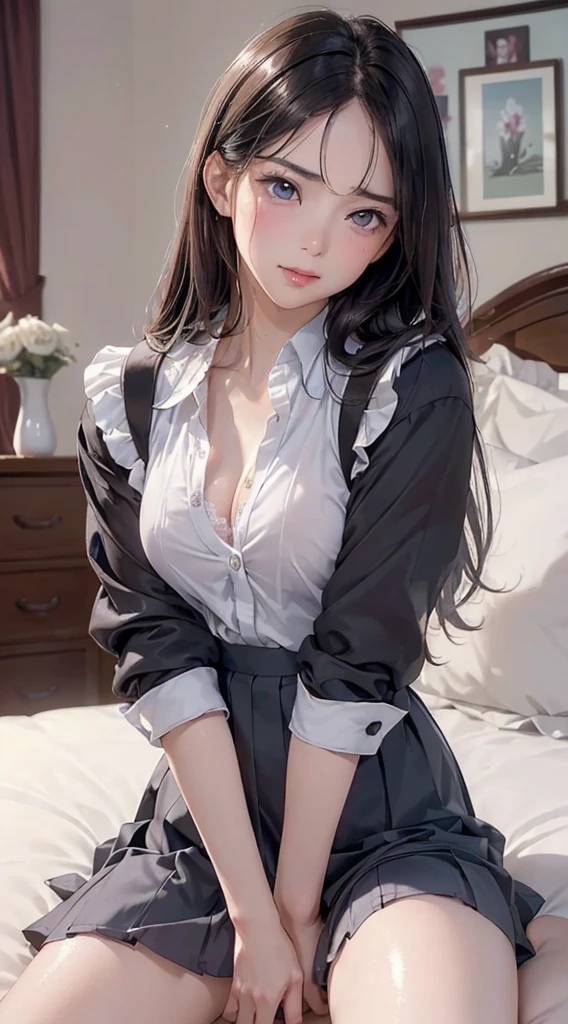 Masterpiece,(Tabletop: 1.3), (Maximum resolution: 1.2),(Realistic:1.5), Cinematic light, 8K resolution, Fine grain and skin, Detailed facial features, , (Sharp focus: 1.2), (Focus on the face:1.2),Perfect Style, Beautiful Face, Acura, Anatomically correct, ノ Highly detailed face and skin texture, Fine grain, double eyelid, Thin eyebrows, Glitter Eyeliner: 1 Natural Cheeks, Shiny skin, Fair skin: 1.2, (Glossy Lips: 1.4),、 (Embarrassed look: 1.2),Highly detailed face and skin texture, Fine grain, double eyelid, Natural Cheeks, , Glossy Lips: 1.4,Exposed cleavage、 blush、sexual excitement、Open your knees、Spread your legs、 White underwear、White bra、Disheveled clothes、dressing、Exposed panties,See-through underwear、stockings、 14th instar larva, 1 neat and clean woman、 Upturned chest, Bedroom、Sitting on the bed、Late at night、Sexy pose、Black-haired、Blue-gray eyes、Green-gray eyes,(Girls' High School Uniform:1.3)、