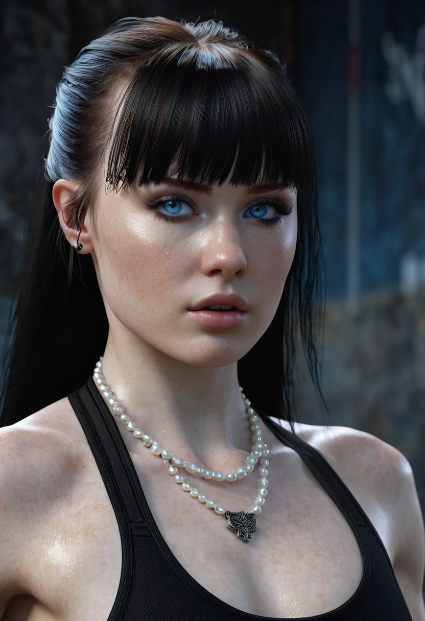 FROM ABOVE, Madelaine Petsch ((Pale Skin)), ((Pearl Skin)), ((black hair with bangs)), Sexy Woman ((She has long straight black hair with straight bangs above her eyebrows and icy light blue eyes, pale skin, a atletic defined toned body, a thin waist, wide hips and. She really likes heavy metal and post punk, she knows how to fight karate, capoeira and Brazilian jiu-jitsu. she always wears black clothes or band shirts along with gothic or metal accessories.)) Portrait ((Perfect Feminine Face)), Precision, 8K, High Detail, (Highly Detailed CG Unity 8K Wallpaper), Ultra-realistic Full Shot Body Image, Beautiful (Skinny) Sexy, Trending in CGSociety, Complex, High Definition, Sharp Focus, Dramatic, Volume Lighting, Digital painting, intense model shooting style, (highly detailed CG Unity 8K wallpaper), full-shot body photos of the most beautiful works in the world, pearl skin, professional majestic oil paintings by Ed Blinkey, Atey, Studio Ghibli, Jeremy Mann, Greg Manchez, Antonio Moro, trending on ArtStation, Trending, Incremental, High Detail, Sharp Focus, Mid Journey and dramatic and photorealistic painting art by Greg Rutkowski at CGSociety