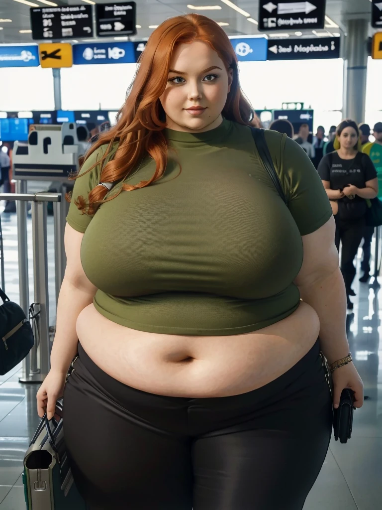 A plane passenger detailed photo of a Beautiful ginger SSBBW, with long wavy ginger hair, with big soft fat belly, thicc fat arms, thicc wide legs, big breast, in a cute green top tucked in her pants, and black pants, at airport waiting for the plane,
