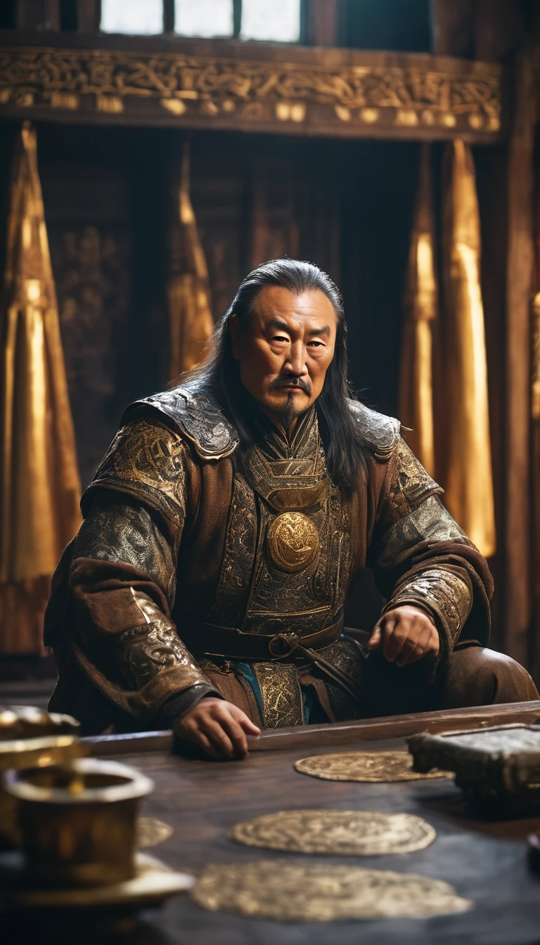 A contemplative Genghis Khan looking over the vast steppes, symbolizing his visionary leadership, background dark gold, hyper realistic, ultra detailed hyper realistic, photorealistic, Studio Lighting, reflections, dynamic pose, Cinematic, Color Grading, Photography, Shot on 50mm lens, Ultra-Wide Angle, Depth of Field, hyper-detailed, beautifully color, 8k