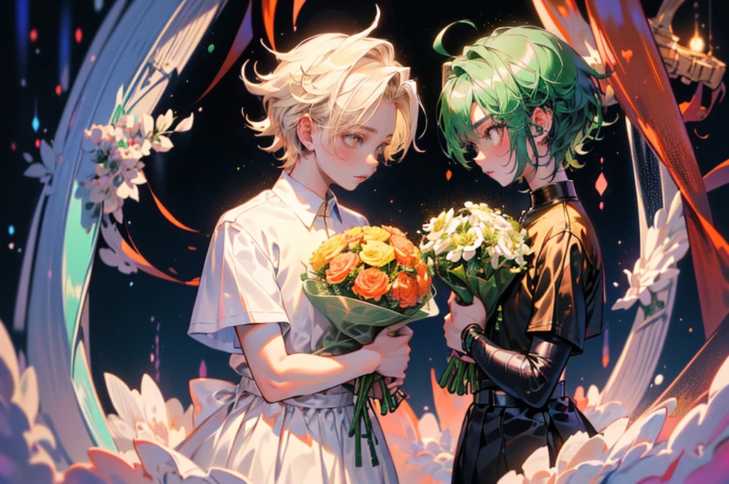 (top-quality:1.4、8K)、(17-year-old gay couple facing each other:1.3)、(Cool Boy、Blonde spiked hair and red eyes:1.2)、(Cute Boy、short green hair and big eyes:1.2)、(Have a bouquet:1.4)、White shirt with short sleeves、Uniforms、School Background、