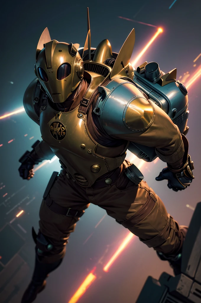 
Comic book character Rocketeer, jetpack, cyberpunk, science fiction, cyberpunk style, 8k, flying in night sky, masterpiece, highly detailed, dynamic lighting,