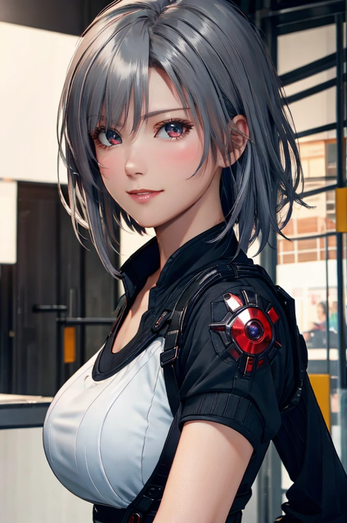 (8k, photorealistic, RAW photo, top quality: 1.4), (1girl), super beautiful, (realistic face), (boyish, silver-colored berry short hair), beautiful cyberpunk suit, glares seducing viewer, beautiful expression, beautiful breasts, (realistic skin), beautiful smile, (soldier), attractive, ultra high resolution, ultra realistic, high definition, spoiled