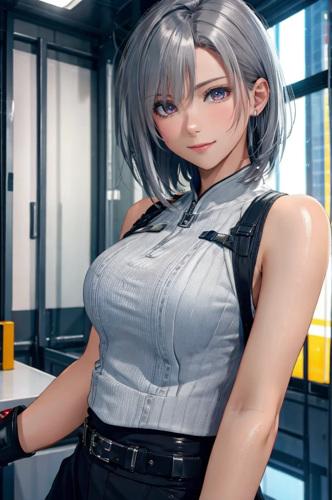 (8k, photorealistic, RAW photo, top quality: 1.4), (1girl), super beautiful, (realistic face), (boyish, silver-colored berry short hair), beautiful cyberpunk suit, glares seducing viewer, beautiful expression, beautiful breasts, (realistic skin), beautiful smile, (soldier), attractive, ultra high resolution, ultra realistic, high definition, spoiled