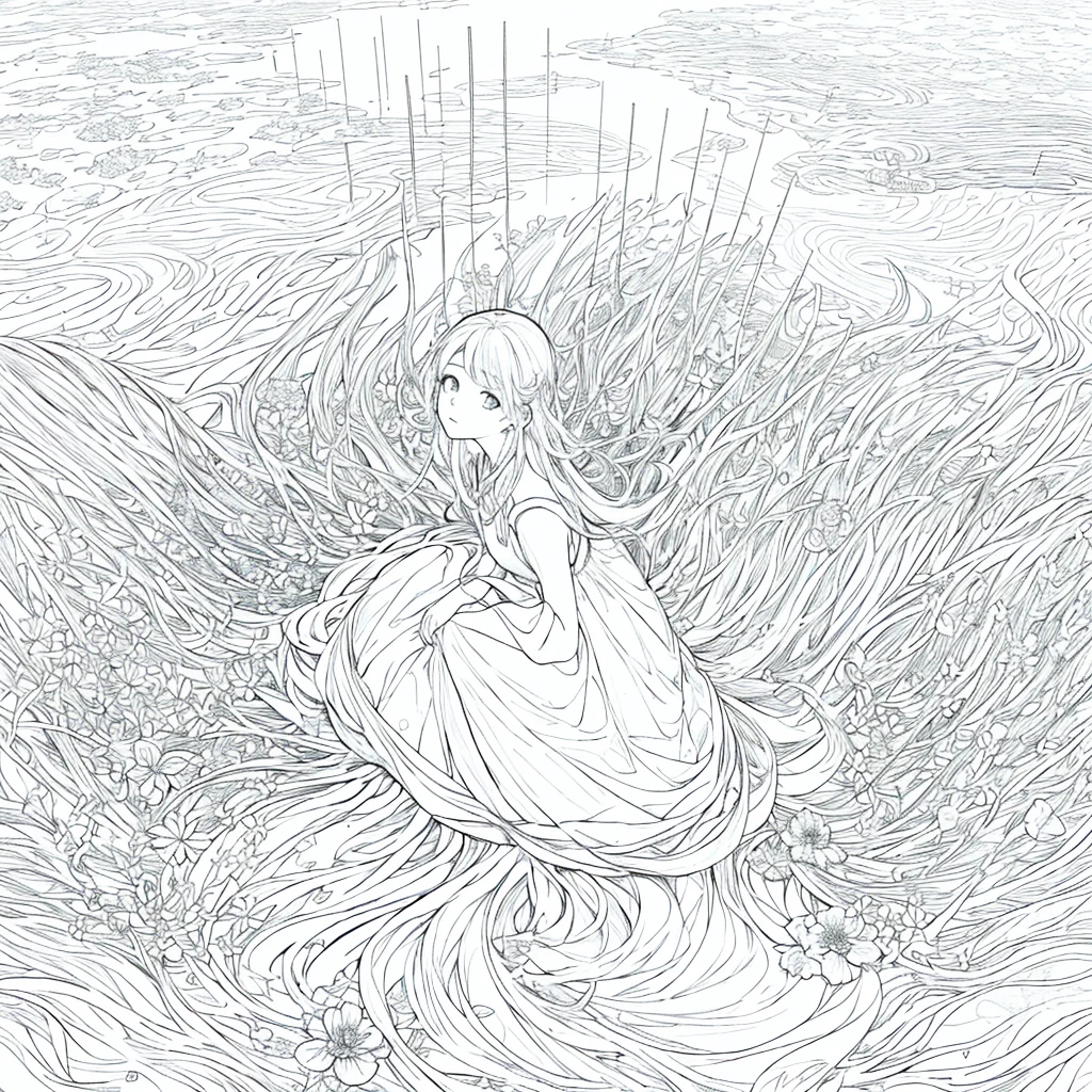 masterpiece, Highest quality, One girl, alone, avert your eyes, Expressionless, From the side, White Dress, colorful, Floral Background, rain, lake, fog, barefoot, Sit on the water, From above, Line art, Monochrome,