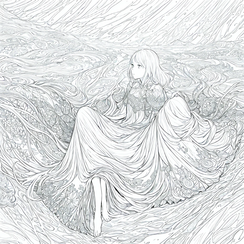 masterpiece, Highest quality, One girl, alone, avert your eyes, Expressionless, From the side, White Dress, colorful, Floral Background, rain, lake, fog, barefoot, Sit on the water, From above, Line art, Monochrome,