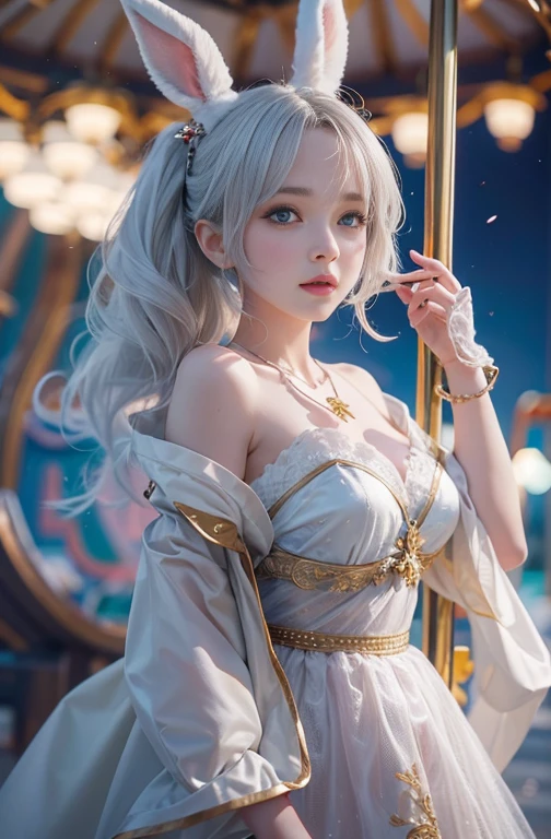 18-year-old, Wide-angle lens, Woman in ancient Greek costume、Woman enjoying merry-go-round at night,Shoulder out、thin、Serious expression、Short-haired、Deadly position, Gorgeous Necklace, Light milky porcelain skin, Smooth, Translucent white skin, Enchanting anime girl, Beautiful and seductive anime woman, Super realistic sweet bunny ears girl, Pale porcelain white skin, Smooth, Realistic and perfect body, Girls Cosplay, Perfect body with realistic shadows, Switzerland'masterpiece, There is a real white rabbit. Red eyes and blue eyes