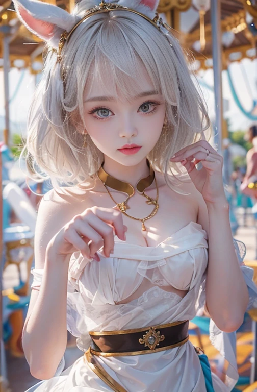 18-year-old, Wide-angle lens, Woman in ancient Greek costume、Woman enjoying merry-go-round at night,Shoulder out、thin、Serious expression、Short-haired、Deadly position, Gorgeous Necklace, Light milky porcelain skin, Smooth, Translucent white skin, Enchanting anime girl, Beautiful and seductive anime woman, Super realistic sweet bunny ears girl, Pale porcelain white skin, Smooth, Realistic and perfect body, Girls Cosplay, Perfect body with realistic shadows, Switzerland'masterpiece, There is a real white rabbit. Red eyes and blue eyes