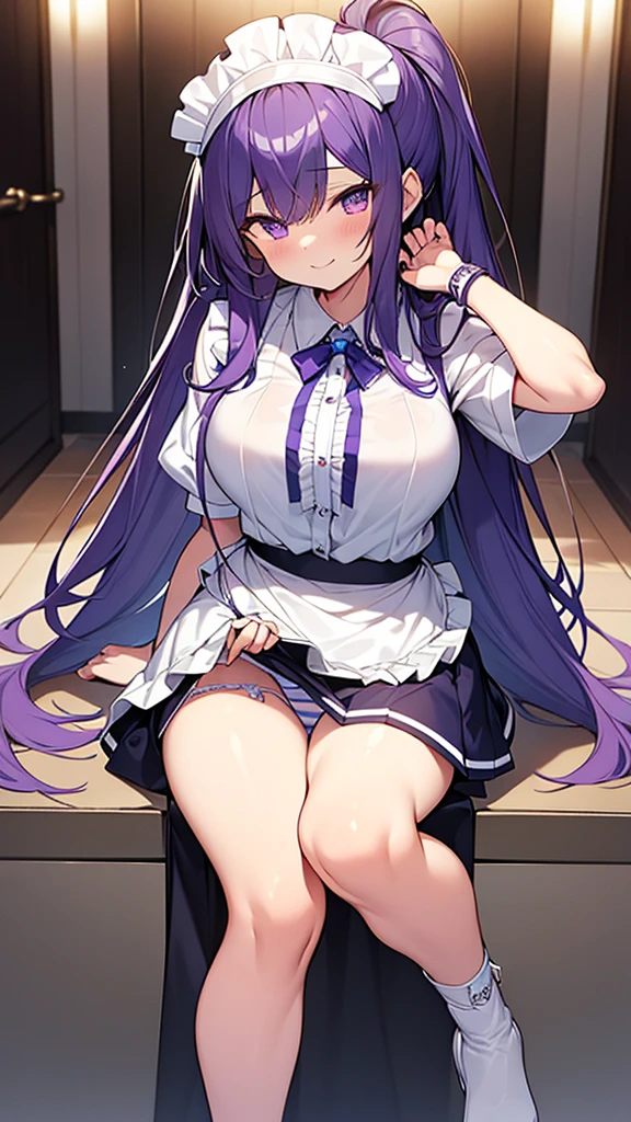 最high quality, high quality, 16K full body image, Ultra-detailed details, pretty girl, alone, beautiful purple hair, Beautiful purple eyes, Big Breasts, A light smile, Summer clothes, Summer Maid clothes, I'm lifting my skirt, Blue and white color striped underwear(Bikini swimsuit under skirt), My crotch is wet with love juice, {{A succubus who steals the face skin and maid uniform from the girl she likes and plays pranks on her、I&#39;m wearing a maid outfit while pretending to be the girl I like.}}, The girl I like is a high school girl, Full body image, NSFW