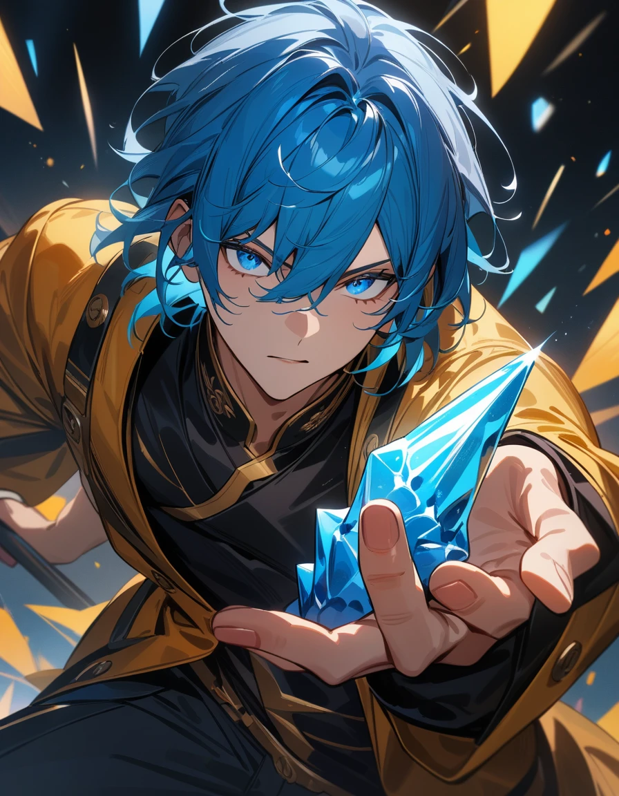 a handsome young man with sky blue hair, wearing a black and gold jacket, holding a glowing blue ice spike in his left hand, in a half-bent pose, with a cool and intense gaze, and deep blue eyes, (best quality, masterpiece:1.2), ultra-detailed, dramatic colors, intricate details, Japanese popular anime style, 2024, aesthetics, style, 4k, 8k, highres, UHD, masterpiece, high quality, best quality, 4K, highres, high details, accurate