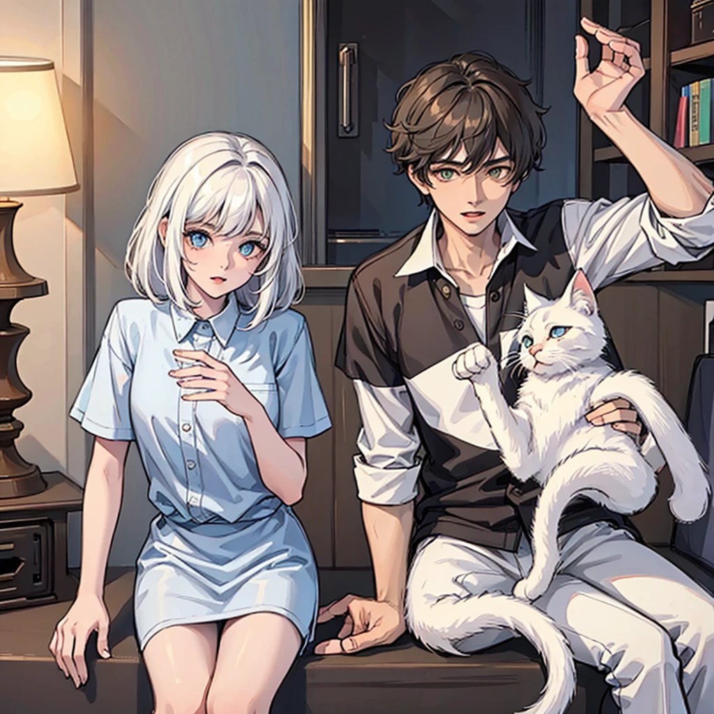 Girl and boy, age 17, cute and bright handsome, cool, white cat