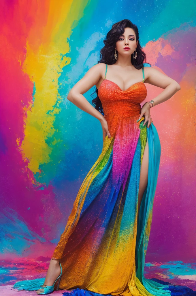 (Best quality, masterpiece, ultra high res), woman, Looking over the shoulder pose, colorful photography, highly edited, immense colors, after effects. full body shot, very detailed