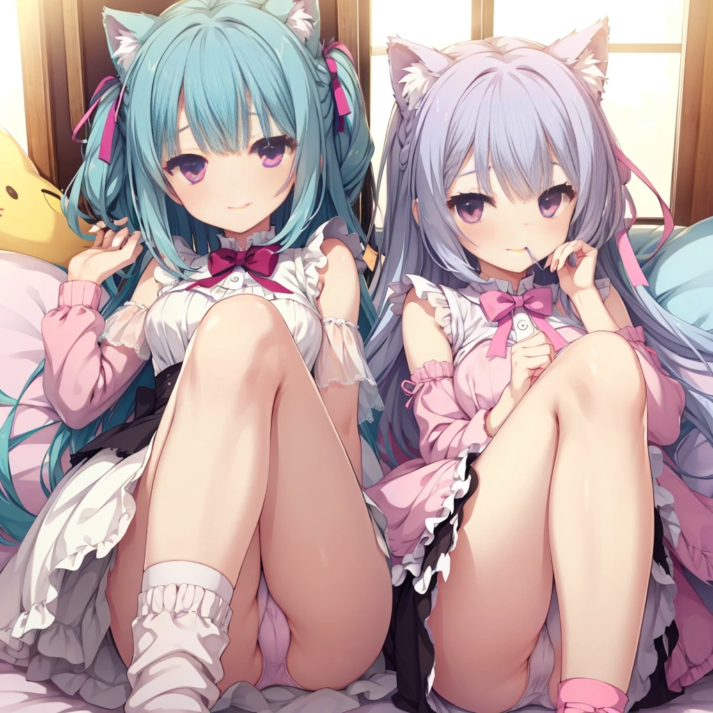 nsfw,Two Girls,ffm, lying down,Lift both legs,Sex,panties,Light blue hair,Light pink hairstyles,Cat ear,Pink Eyes,light blue ta,White socks,,Pink ribbon,Laughing with your mouth open,Best image quality,Highest quality