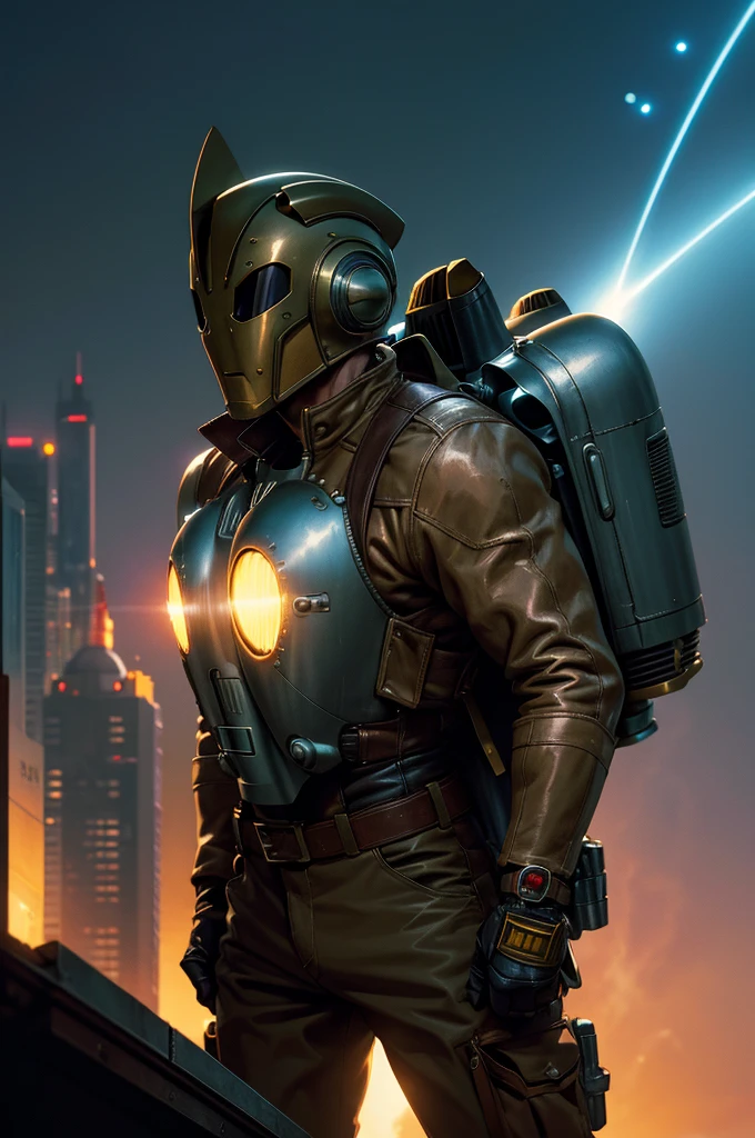 Comic book character Rocketeer, jetpack, cyberpunk, science fiction, cyberpunk style, 8k, flying in night sky, masterpiece, highly detailed, dynamic lighting,