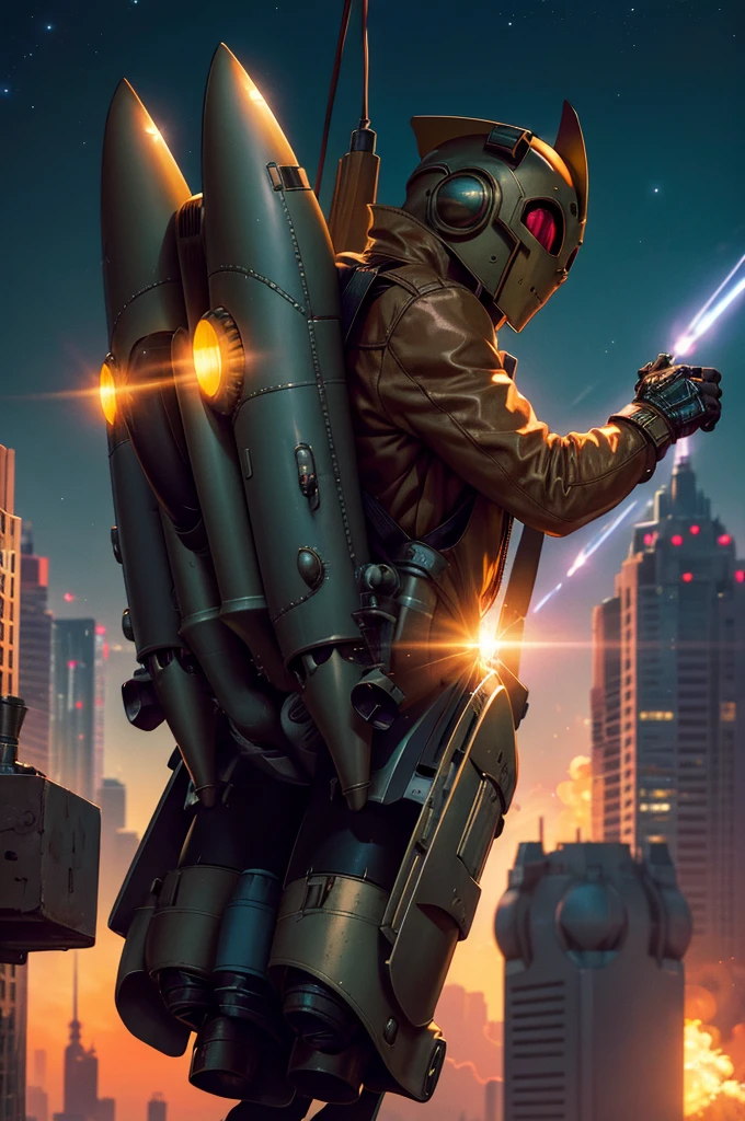 Comic book character Rocketeer, jetpack, cyberpunk, science fiction, cyberpunk style, 8k, flying in night sky, masterpiece, highly detailed, dynamic lighting,