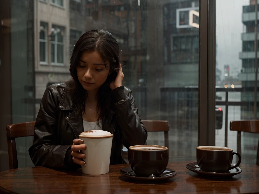 Hyperrealistic 8k high detail 3d art, Dreamy dreamscape smoky room perspective view from cafe window, raining city, warm cup of chocolate, bustling figures in the rain, empty chair on the table next to cafe window. She doesn't want to get caught in the rain, she doesn't want to go home. She'd rather stay in this cafe with her cup of chocolate. Deep thoughts missing his shadow in the rain. No one knows the story she is living in, only she does.