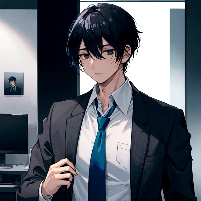 1man, detective, black hair with blue underneath, black eyes, tall, dark background, modern, dim light