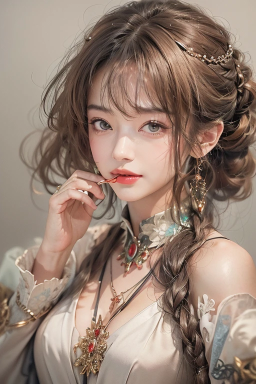 (masterpiece:1.3), (8K, Realistic, RAW Photos, Best image quality: 1.4), Japanese 、18-year-old,(Random Hairstyles:1.2)、Cleavage:1.2、Highly detailed face、Attention to detail、double eyelid、Chest to chest、Sharp focus:1.2、Beautiful woman:1.4、Light brown hair、Highest quality、masterpiece、Ultra-high resolution、(Realistic:1.4)、Highly detailed and professionally lit smiles、Loose fitting steampunk outfit、Shoulder out、thin、Serious expression、Holding a gorgeous necklace in her right hand, In the city、Eat dinner