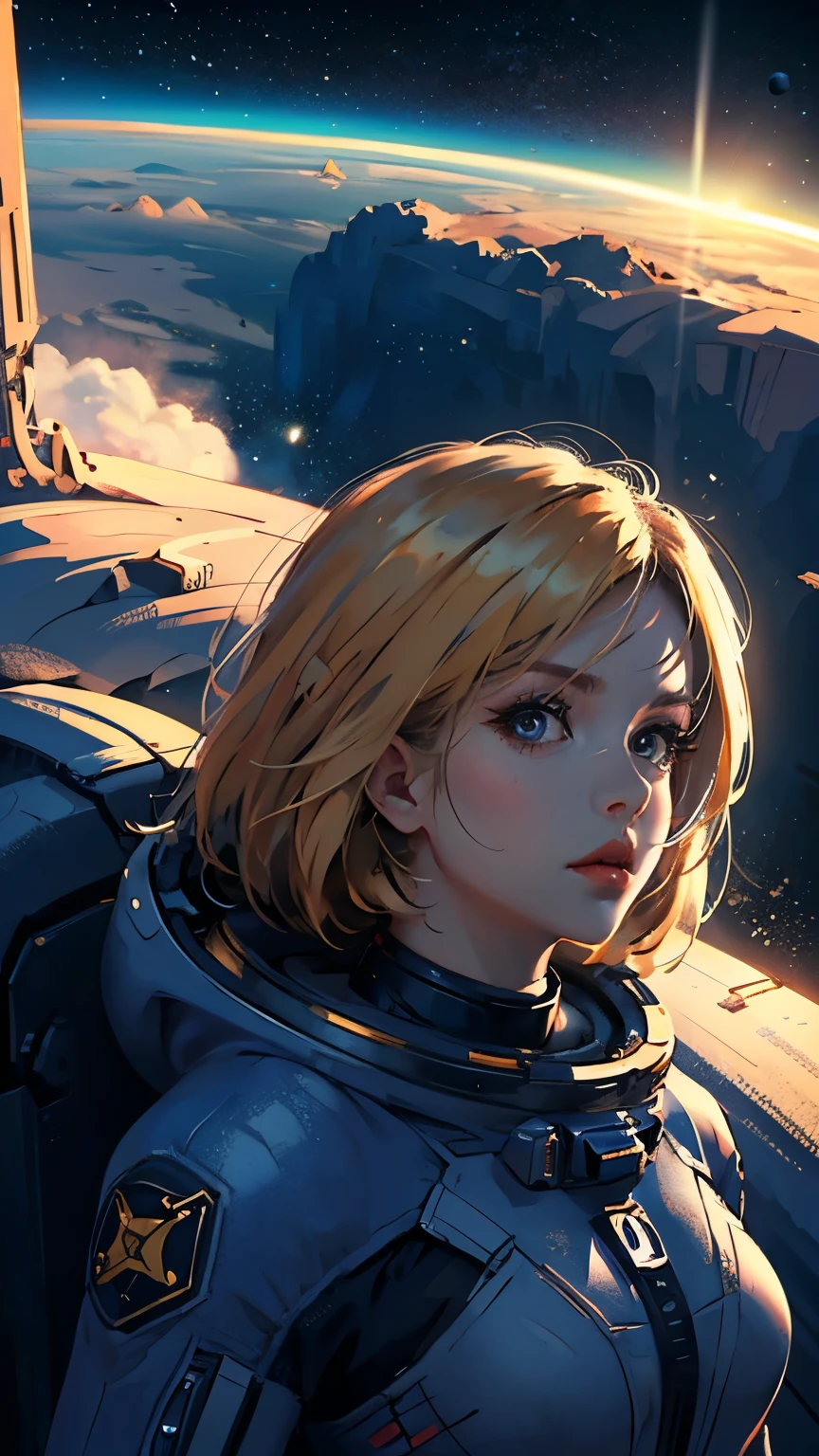 Looking at the camera、Upper Body、Long blonde、Retro space suit、Space Background、Flying through space、Predominant blue light、High resolution、High resolution、Maximum resolution 、Russian、Moderate bust、woman、cccp、