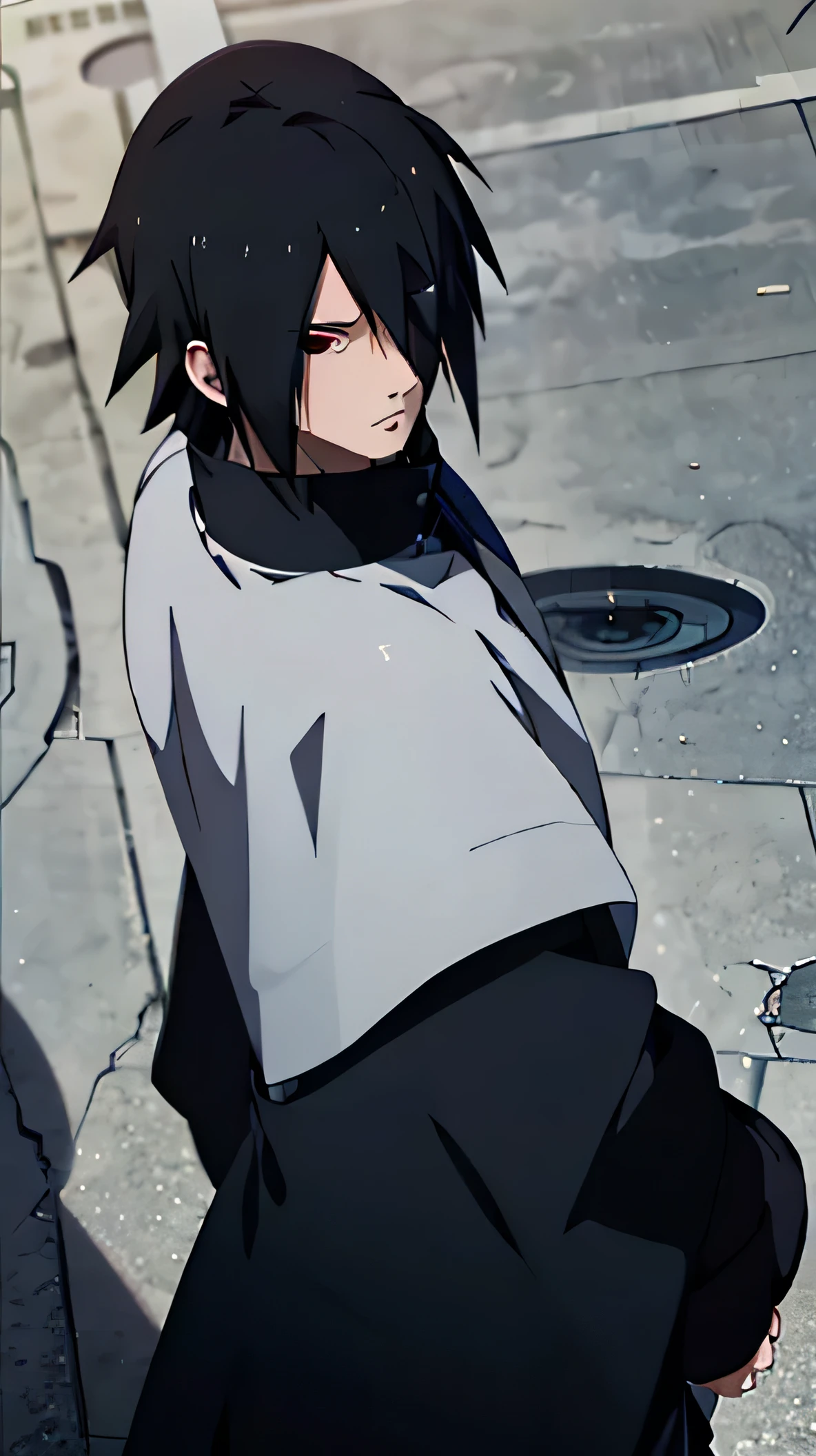 masterpiece, One Man, Great style, sasuke uchiha, Upper body naked, sasuke uchiha, Close ~ eyes, Look down,Downward,Under the line of sight,Black Hair, Cool guy,30 years old,Anime CG,from above,From above,From the back,Gaze Down,Looking away