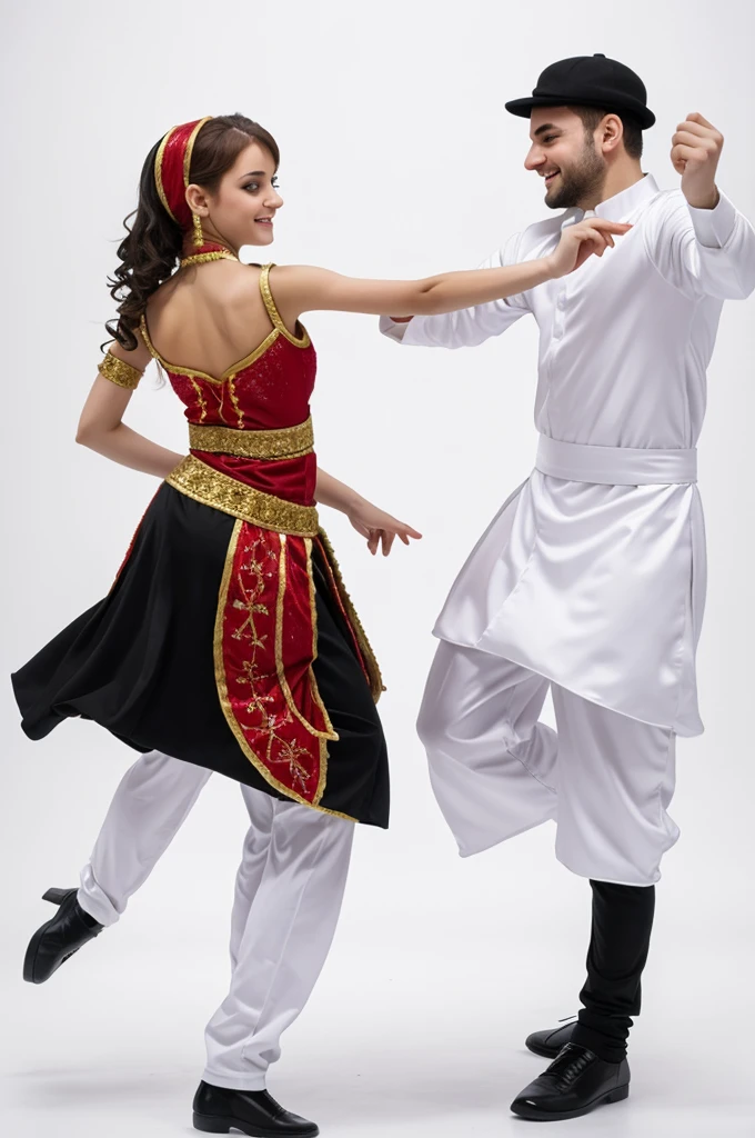A girl and a guy dance in Chechen rational costumes on a white background