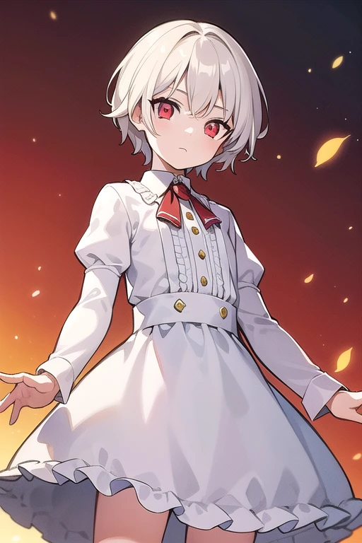 (Masterpiece:1.2, Best Quality), (Beautiful finely detailed eyes: 1.2), ((1 chico)), (Red eyes:1.4), (finely detailed eyes and detailed face:1.3), ((boy with short white hair)), (beautiful and clear background:1.2), (Extremely detailed CG, ultra detailed, best shadow:1.1), ((depth of field)), ((watercolor)), beautiful concept illustration, (orange background:0.5), (illustration:1.1), (extremely fine and beautiful:1.1), (perfect details:1.1), FROM THE FRONT, cowboy shot, scenery 