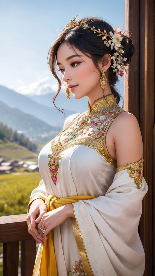 In a picturesque setting that reflects the rich cultural heritage of her homeland, a stunning young woman stands gracefully, exuding elegance and charm. She is adorned in a traditional Kira from Bhutan, a garment of vibrant colors and intricate patterns that wrap around her slender frame, accentuating her feminine curves. The Kira, crafted from sumptuous silk adorned with delicate embroidery and adorned with sparkling jewels, drapes gracefully over her figure, creating a mesmerizing silhouette. The young woman's flawless complexion glows beneath the soft sunlight, her dark hair cascading in gentle waves around her shoulders, adorned with ornate hairpins that shimmer in the light. Her almond-shaped eyes, framed by long lashes, sparkle with a captivating warmth, mirroring the serene beauty of her surroundings. Behind her, the backdrop of Bhutan's breathtaking landscape unfolds—a lush valley dotted with colorful prayer flags fluttering in the gentle breeze, snow-capped mountains rising majestically in the distance. The vibrant hues of the traditional architecture provide a striking contrast against the verdant greenery, creating a scene of timeless beauty and tranquility. As she gazes into the distance with a serene smile gracing her lips, the young woman embodies the essence of grace, poise, and timeless beauty, captivating all who behold her with her radiant presence in the embrace of her cultural heritage.