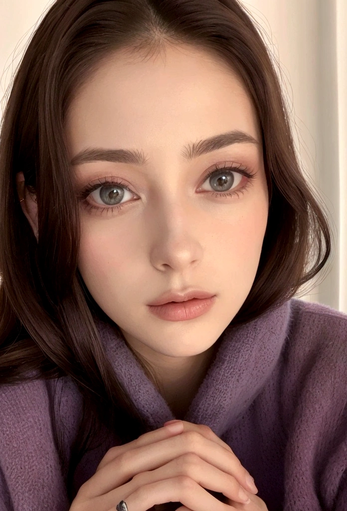 Arafed woman completely , Devant la Tour Eiffel, avec un manteau de fourrure, Fille ultra sexy aux yeux bruns, ultra realist, Meticulously detailed, Portrait Sophie Mudd, cheveux bruns et grands yeux, selfie of a young woman, Camera eyes, Violet Myers, pas de maquillage, Maquillage naturel, Look directly into the camera, Visage avec Artgram, Maquillage subtil, Great photo of the whole body kneeling on the bed, Dans la chambre, Median to large bust