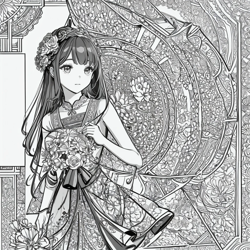 masterpiece, Highest quality, (Detailed Background), High Contrast, 1 Girl, Mandala tile floral background, (bouquet:1.3), (Tangled:1.2), (Geometric:1.2) sketch, Monochrome, Clean line art for coloring books