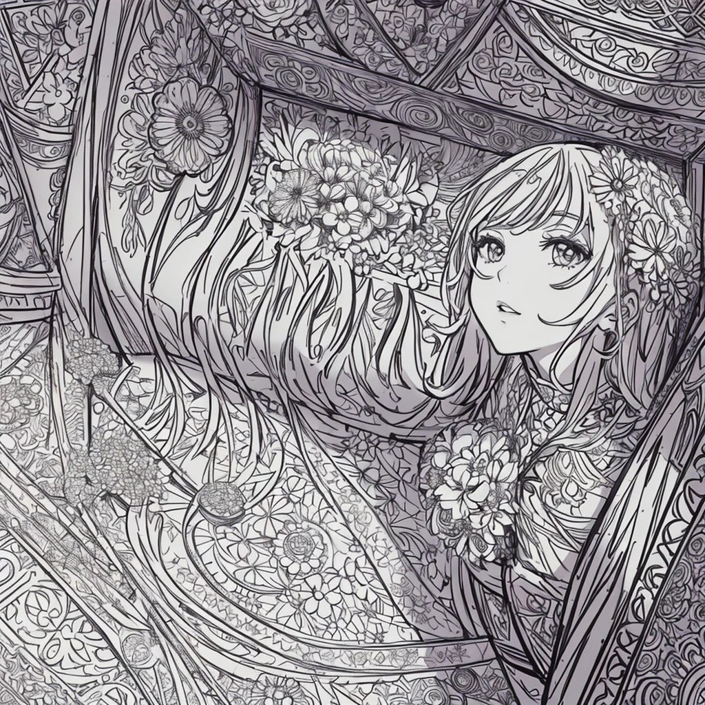 masterpiece, Highest quality, (Detailed Background), High Contrast, 1 Girl, Mandala tile floral background, (bouquet:1.3), (Tangled:1.2), (Geometric:1.2) sketch, Monochrome, Clean line art for coloring books