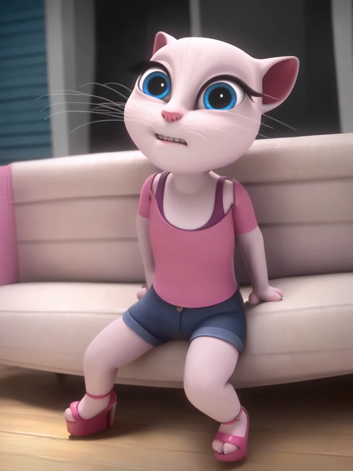 solo focus, a_la, 1girl, cat, white fur, long whiskers on both sides of the face, big bright blue eyes, big black eyelashes, small pink nose, triangular ears with pink channels, small breasts, looking at the viewer, sitting on penis, front view, fuck with legs together, platform high heels, score_9, score_8_up, score_7_up