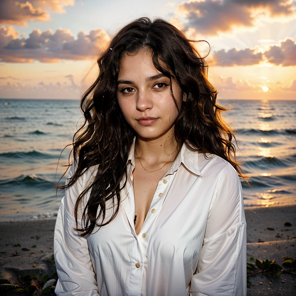 1 woman,22 years old , wavy hair, dark brown eyes, a miami, wet hair, sunsets
