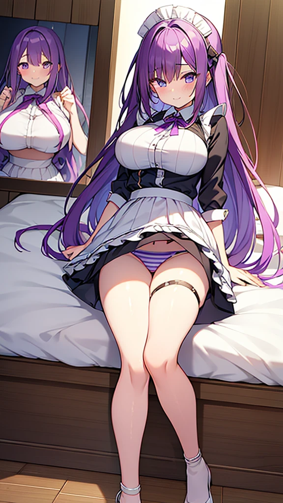 最high quality, high quality, 16K, Ultra-detailed details, pretty girl, alone, beautiful purple hair, Beautiful purple eyes, Big Breasts, A light smile, Summer clothes, Summer Maid clothes, I'm lifting my skirt, Blue and white color striped underwear(Bikini swimsuit under skirt), My crotch is wet with love juice, {{A succubus who steals the face skin and maid uniform from the girl she likes and plays pranks on her、好きな女の子のフリをしながらメイド服を着てます}}, Full body image, NSFW