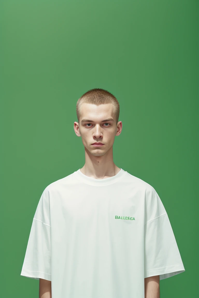 white oversize t-shirt, all green color background,balenciaga concept fashion photo, Paris