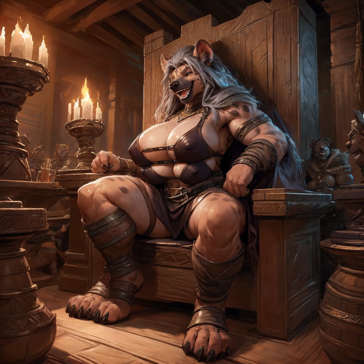 uploaded to e621.net, masterpiece, 8k, hyena woman, matriarch, female, beige fur, spots, gray hair, buff, muscular, barbarian queen, leather outfit, wooden throne, wooden keep, viking inspired room, seated, casual posture, (four breasts:1.4), (quadboob:1.2), top breasts are larger, (huge breasts:1.2), nipple outline, covered breasts, laughing, crowded, supplicants, worshipers, by darkgem, 