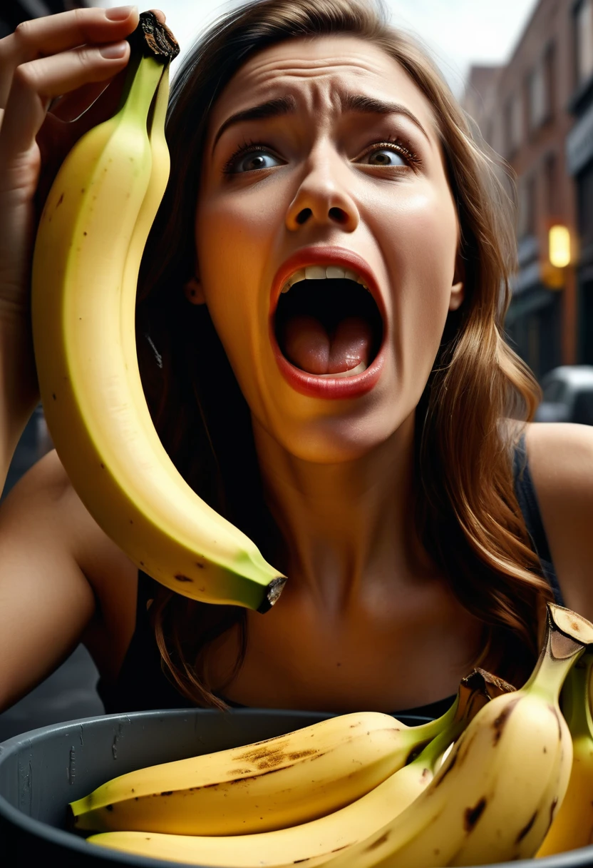 A stunning, hyper-realistic illustration of a woman reacting with shock as she places a banana peel into a dustbin. The composition captures her half-body and facial expression in extreme close-up, using a fish-eye lens to emphasize the intricacy of her emotions. The background is a blend of digital painting and 3D rendering, featuring an urban landscape with dramatic lighting and volumetric effects. The image showcases a wide array of technical advancements, such as unreal engine, DOF, super-resolution, anti-aliasing methods, and tone mapping, resulting in ultra-photorealistic, ultra-detailed, and intricately rendered visuals.