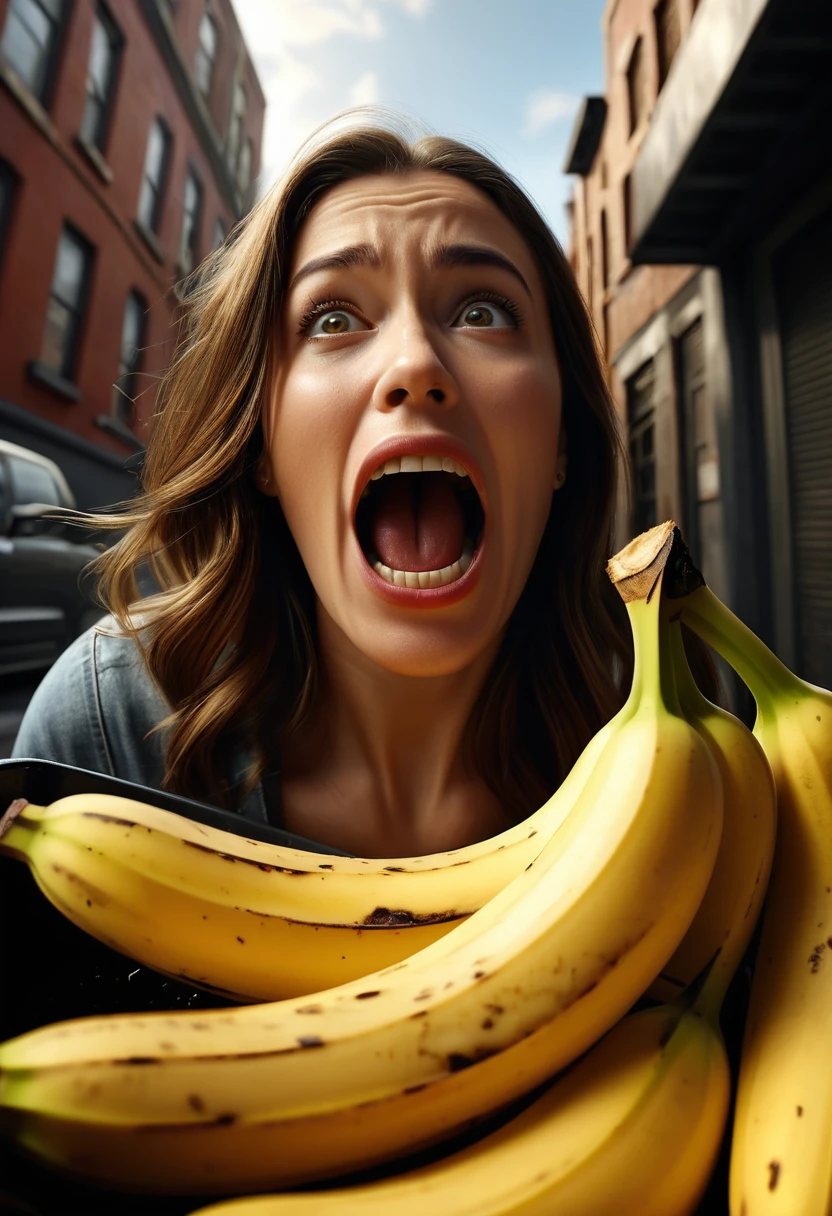 A stunning, hyper-realistic illustration of a woman reacting with shock as she places a banana peel into a dustbin. The composition captures her half-body and facial expression in extreme close-up, using a fish-eye lens to emphasize the intricacy of her emotions. The background is a blend of digital painting and 3D rendering, featuring an urban landscape with dramatic lighting and volumetric effects. The image showcases a wide array of technical advancements, such as unreal engine, DOF, super-resolution, anti-aliasing methods, and tone mapping, resulting in ultra-photorealistic, ultra-detailed, and intricately rendered visuals.