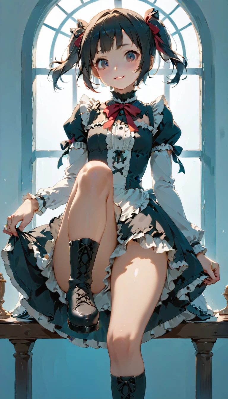 (Highest quality、masterpiece、Super detailed、One Girl、Cute face、Black silky short hair、(((Short hair in twin tails、Short bob twin tails)))、Gray eyes、From the knee up、Gothic Lolita Fashion、Highly detailed eye、Little red cheeks and nose、Cute face、