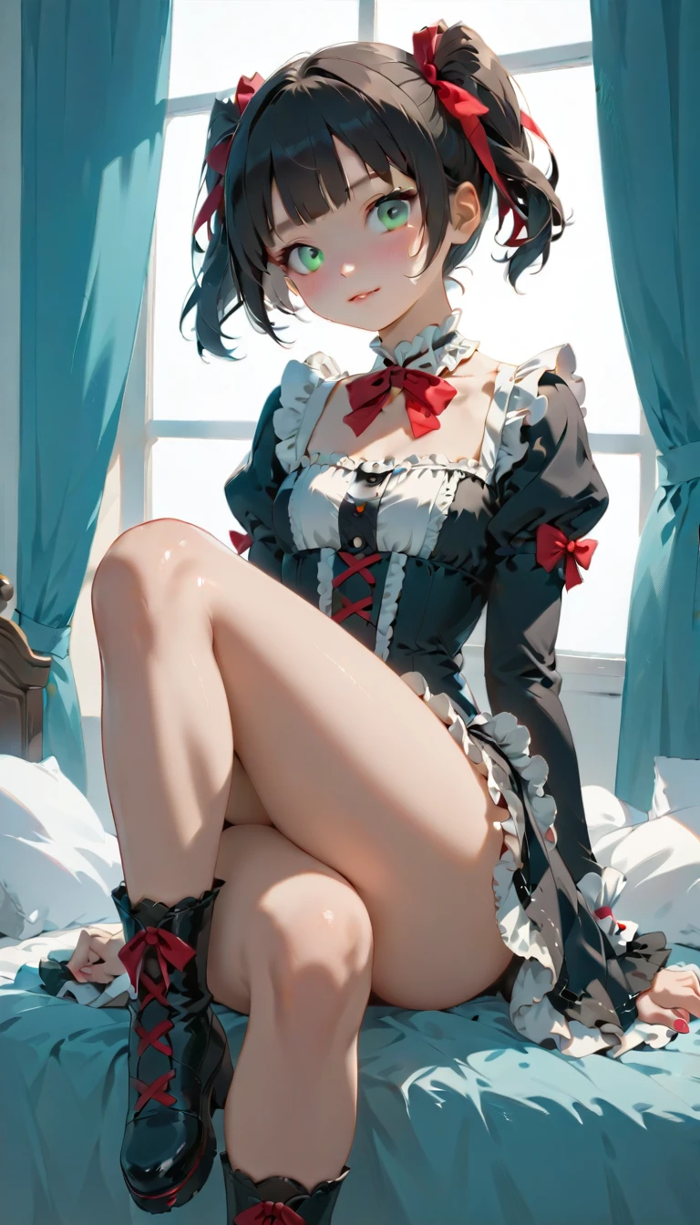 (Highest quality、masterpiece、Super detailed、One Girl、Cute face、Black silky short hair、(((Short hair in twin tails、Short bob twin tails)))、Gray eyes、From the knee up、Gothic ta Fashion、Highly detailed eye、Little red cheeks and nose、Cute face、