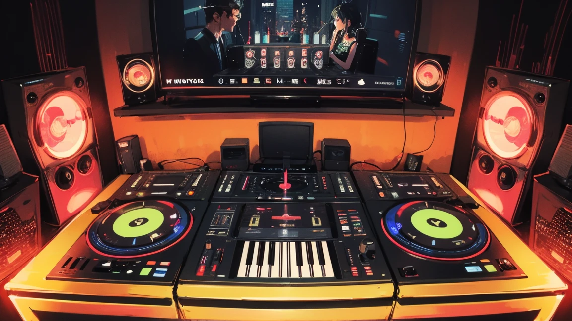 The DJ deck&#39;s two turntables and mixer are Technics,　DMC, DMC World DJ Championships, DJ Girl, クールなヘッドセットをつけたHIPHOPファッションのDJ Girl,Front view , Two large LED-illuminated speakers on each side, Immerse yourself in a neon-lit environment, In front of her is a music mixer and a turntable.、A record is placed on the turntable,