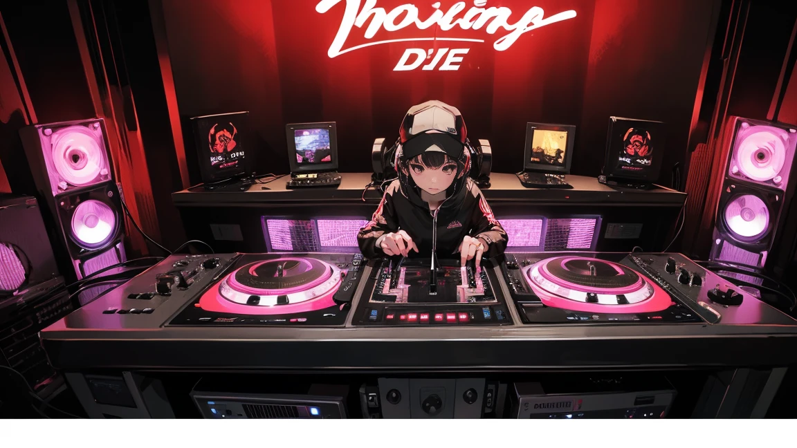 The DJ deck's two turntables and mixer are Technics, DMC, DMC World DJ Championships, DJ Girl, クールなヘッドセットをつけたHIPHOPファッションのDJ Girl,Front view , Two large LED-illuminated speakers on each side, Immerse yourself in a neon-lit environment, In front of her is a music mixer and a turntable.、A record is placed on the turntable,