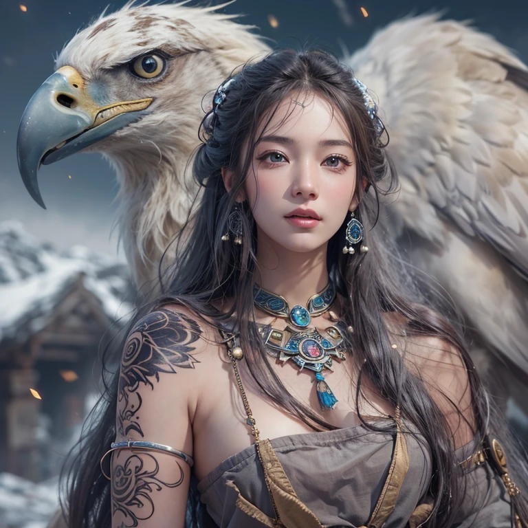 Hiding in the snowy mountains、Hair flow、 ((Highest quality、masterpiece、8K、Best image quality、Ultra-high resolution、Award-winning works)、(Accurate anatomy:1.1)、(Look at me and smile:1.1)、Shining fair skin with Ultra-high resolution、The most detailed face、Ultra-high resolution detailed face、Ultra-high resolutionの髪の毛、(Ultra-high resolutionの煌めく瞳:1.1)、Beautiful face drawn in every detail、(Blurred Background:1.1)、Ancient Inuit clothing, Chest to chest, tattoo, Old ruins in the background、Apart from the real giant eagle