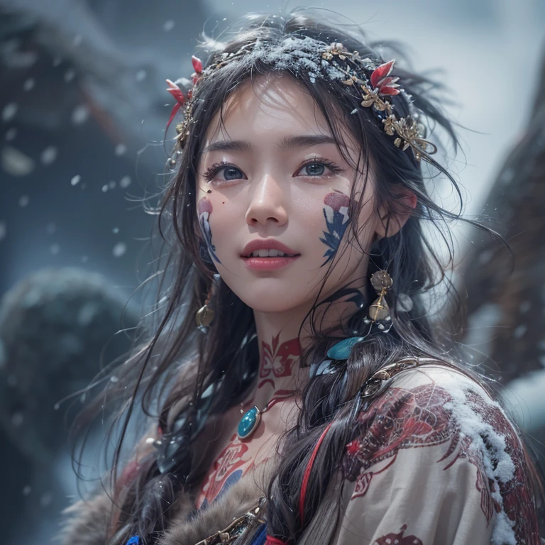 Hiding in the snowy mountains、Hair flow、 ((Highest quality、masterpiece、8K、Best image quality、Ultra-high resolution、Award-winning works)、(Accurate anatomy:1.1)、(Look at me and smile:1.1)、Shining fair skin with Ultra-high resolution、The most detailed face、Ultra-high resolution detailed face、Ultra-high resolutionの髪の毛、(Ultra-high resolutionの煌めく瞳:1.1)、Beautiful face drawn in every detail、(Blurred Background:1.1)、Ancient Inuit clothing, Chest to chest, tattoo, Old ruins in the background、Apart from the real giant eagle