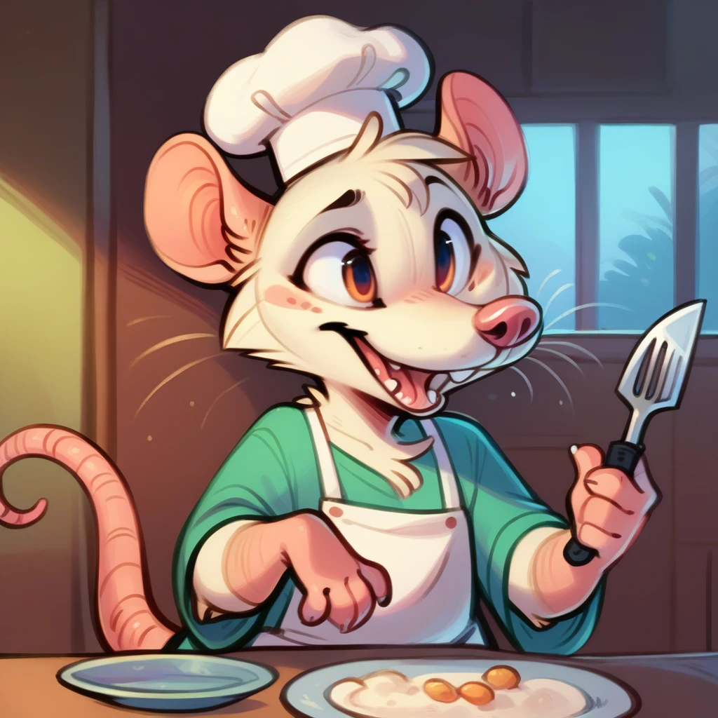 Rat chef, semi-anthropomorphic, fork in left hand, knife in right hand, crossed on chest, happy and laughing expression, detailed facial features, chef hat, apron, detailed clothing, complex textures, high quality, realistic, 8K, masterpiece, cinematic lighting, warm tones