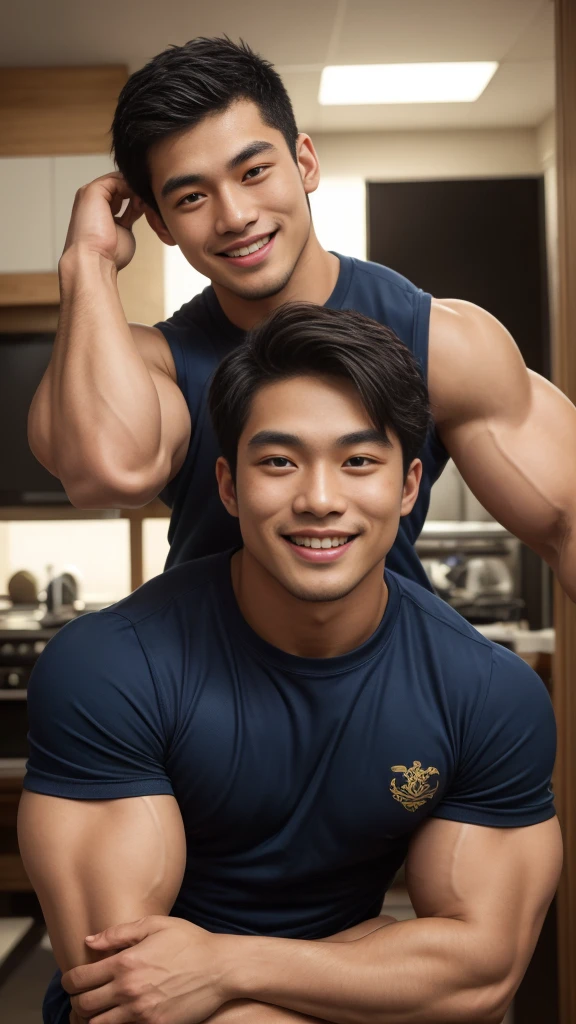 ((Highest quality, 8K, Masterpiece: 1.3))、Thailand Laos Burma Asia, Thai man, A handsome Asian rugby player with short hair, a muscular beard, and big muscles., １A man who has、 yo、Good appearance、Beautiful nose、smile、 Detailed eyes and face、beautiful light、(studio)、high resolution、（Look at the viewer.）、Fine mouth、smile、whole body: 1.5, perfect shape: 1.3, Picture of both shoulders:1.3, Navy blue round neck t-shirt:1.5