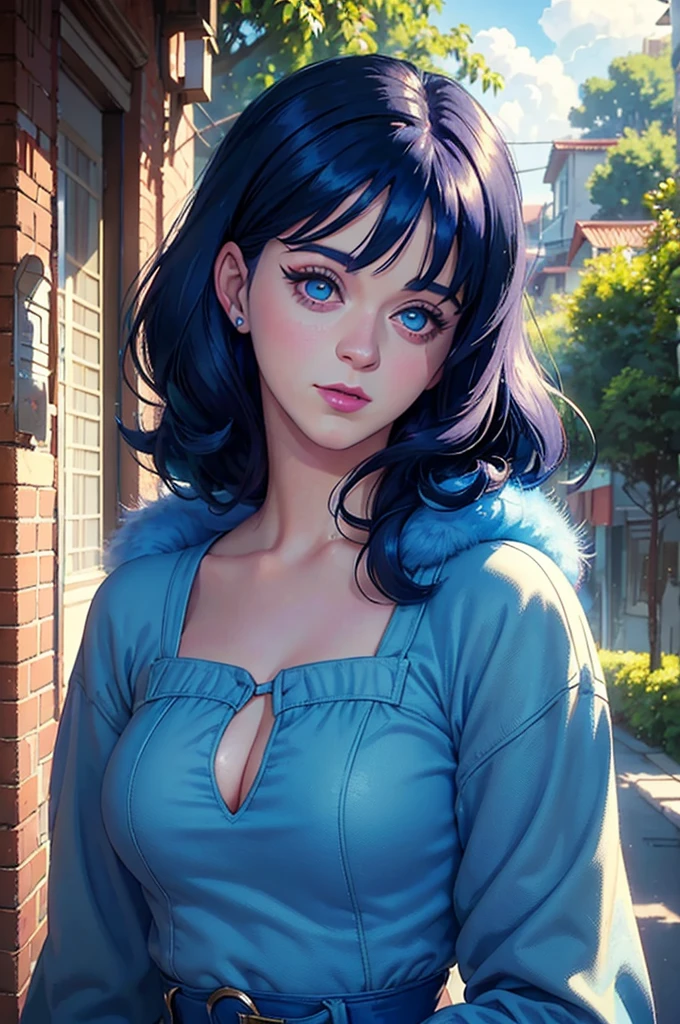 (((Masterpiece ,Best Quality, Highest quality realistic retro anime...))),(((Style Zooey Deschanel))), blue dress, top wo nerae!, 1 girl, alone, ((hyper realistic long blue fur)), looking at the viewer, SMILE, Hits,White shirt ,((very detailed and realistic light blue eyes)), Closed mouth, (((Masterpiece ,Best Quality, Highest quality realistic retro anime...))),(((Style katy perry ))), blue dress, top wo nerae!, 1 girl, alone, ((hyper realistic long blue fur)), looking at the viewer, SMILE, Hits,highly detailed light blue eyes shirt, Closed mouth, blue fur, exterior, sky, day, cloud, tree, blue sky, lips, separate blows, eyelashes, make up, light SMILE, lipstick, portrait, close up, ((retro Best Quality, hyper realistic highest quality artStyleo)), 1980s ,fine blue hair with very real details))exterior, sky, day, cloud, tree, blue sky, lips, separate blows, eyelashes, make up, light SMILE, lipstick, portrait, close up, ((retro Best Quality, hyper realistic highest quality artStyleo)), 1980s (Style