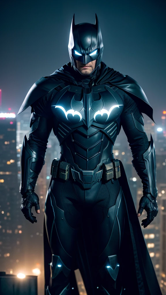 Masterpiece, best quality, NVIDIA RTX, sharp picture, cinematic lightning, hi-tech futuristic batman, perfect face, proportional body, facial hair, luminous mecha-armor:1.3, glowing mecha armor:1.3, cape blown by strong winds:1.3, on top of a bulding, full body, epic lights reflection, night, smokes, gotham, from above