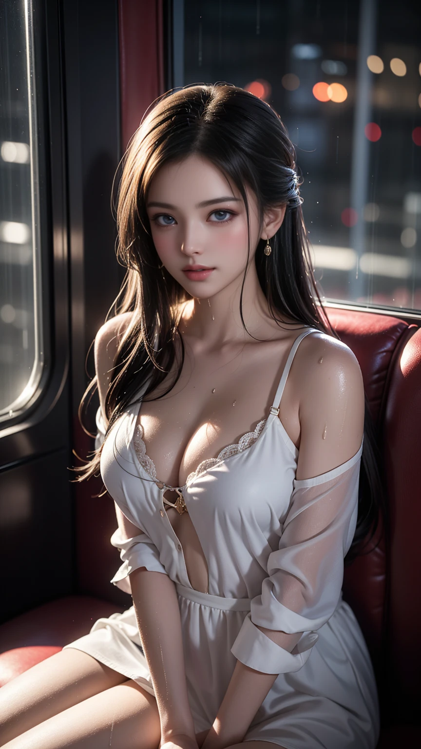 (Girl sitting in the bathroom),(RAW shooting, Photorealistic:1.5, 8K, Highest画質, masterpiece, Ultra-high resolution), Perfect dynamic composition:1.2, Night Street Corner, Looking up at the sky:1.3, (((Heavy rain from a typhoon))), Highly detailed skin and face textures:1.2, 雨にWetスリムな女子高生:1.3, Sexy beauty, Perfect Style:1.2, Aesthetic and beautiful, Fair skin, Very beautiful face, (Rain dripping all over my body:1. 2, Wet髪:1.4, Wet:1.2), Water droplets on the skin, (Medium chest, Chest gap), (Shy laugh, The expression when feeling intense caressing, Facial expression when feeling pleasure), (Beautiful blue eyes, Beautiful erotic eyes:0.8), (Too erotic:0.9, Alluring:0.9), Cowgirl shot, Student Bag, Perfect body, Perfect fingertips(Girl sitting on train seat)、Best quality work,Actual work,Ultra Premium Graphics,8K HD CG works,High quality graphics,High-definition CG works,10x pixels,Extremely fine detail:1.1,Advanced Technical Details:1.1 Photorealistic,Indoor lighting effects:1.5,Natural light:1.5. Light effects(virtual Light effects:1.8),(Golden white short hai(RAW shooting, Photorealistic:1.5, 8K, Highest